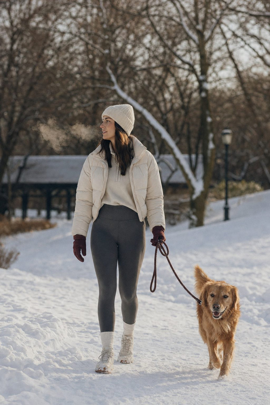 Grey leggings on a snowy walk