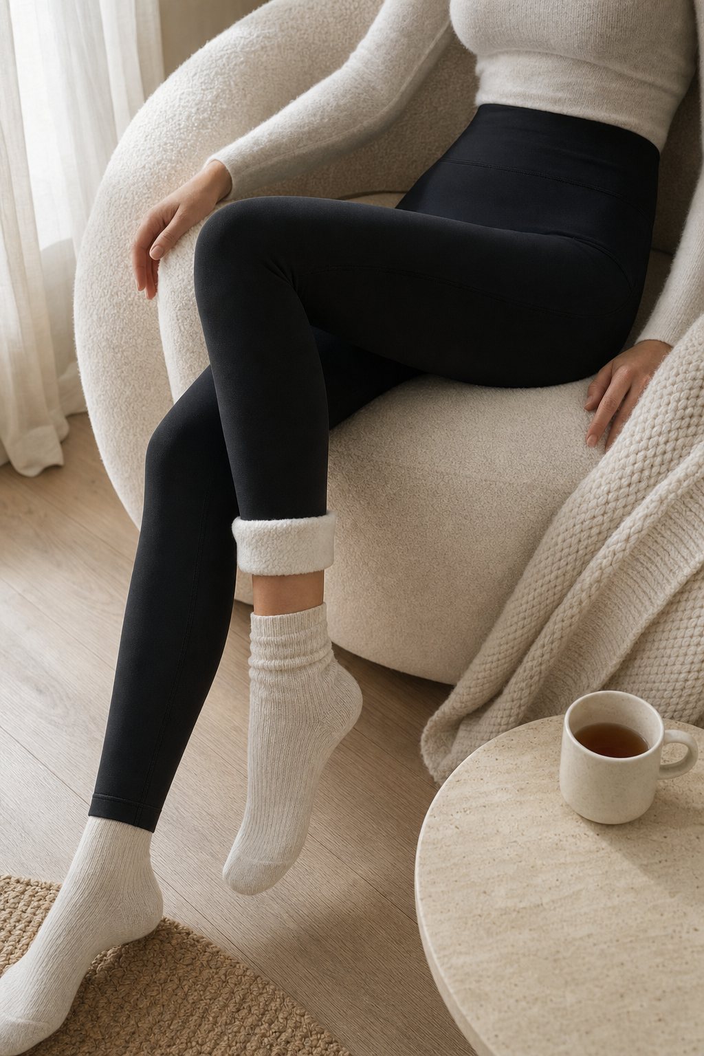 Black fleece-lined leggings with the cuff folded to show the plush lining