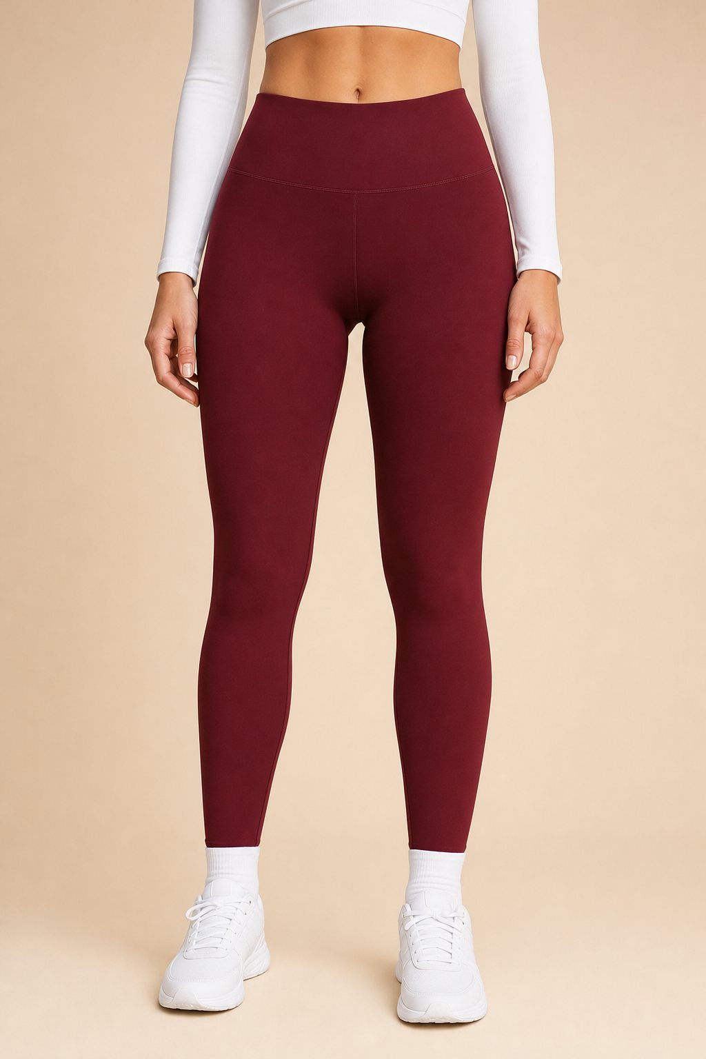 Wine red fleece-lined leggings, front